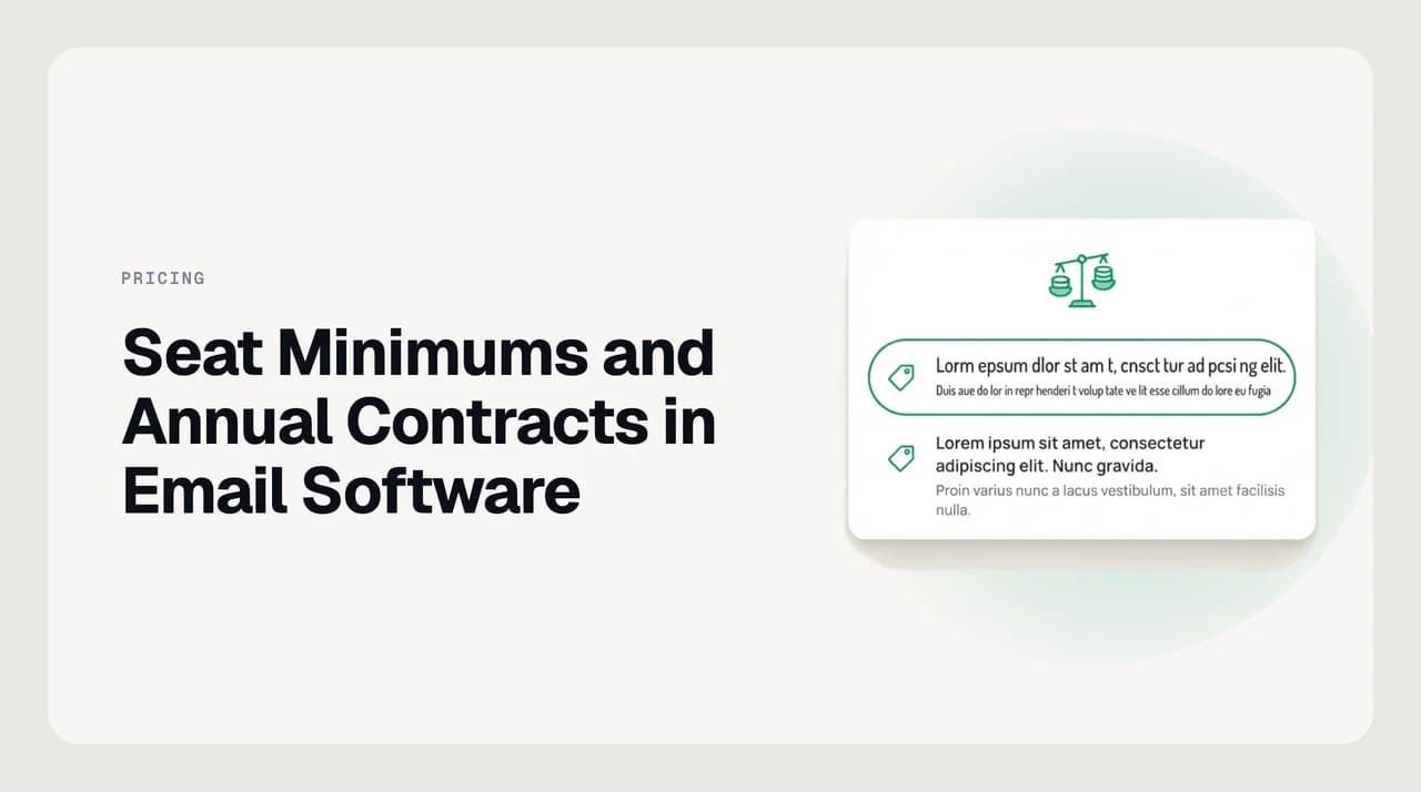 Illustration explaining seat minimums and annual contracts in email software, weighing a forced seat block against a flexible per-seat plan