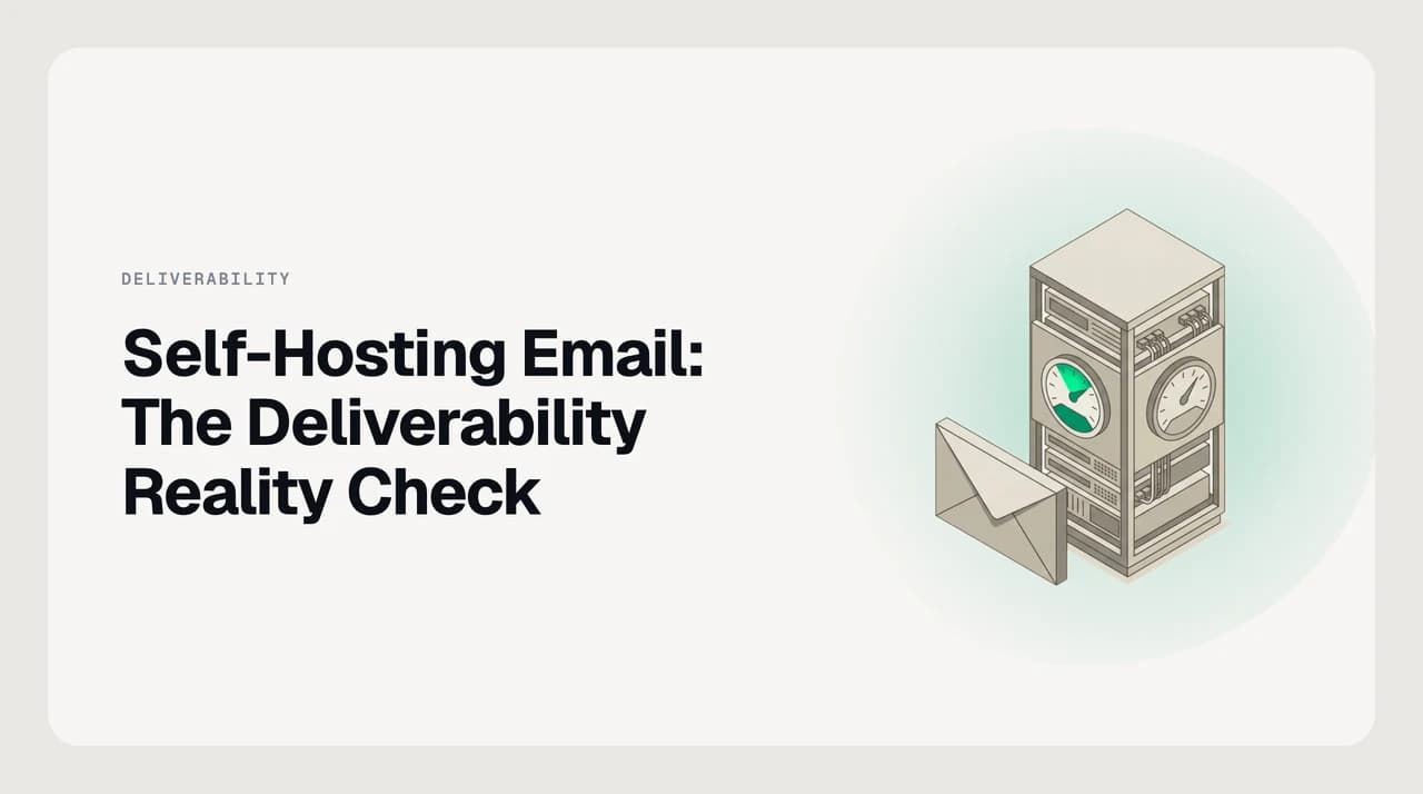 AI Emaily blog cover for the self-hosted email server deliverability reality check, showing a mail server with reverse DNS, IP reputation and SPF, DKIM and DMARC requirements for inbox placement