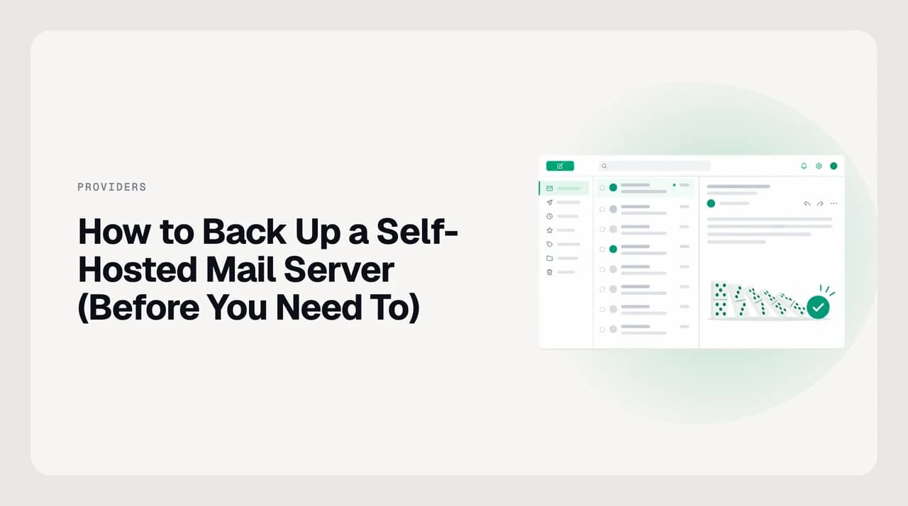 Diagram of how to back up a self-hosted mail server: Maildir mail store, user database, DKIM keys, TLS certificates and config copied to encrypted off-box storage