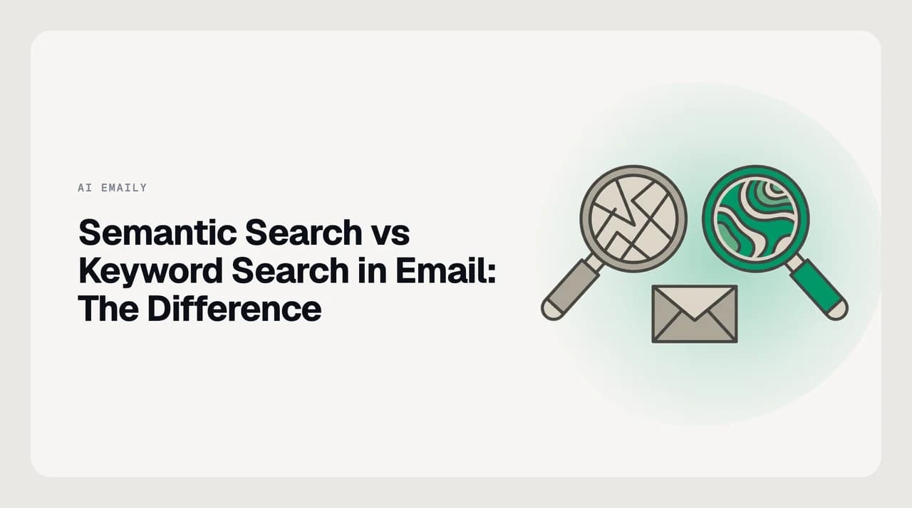Semantic search vs keyword search in email — two search bars side by side, one showing a Gmail-style operator query and the other a natural-language query for the same message