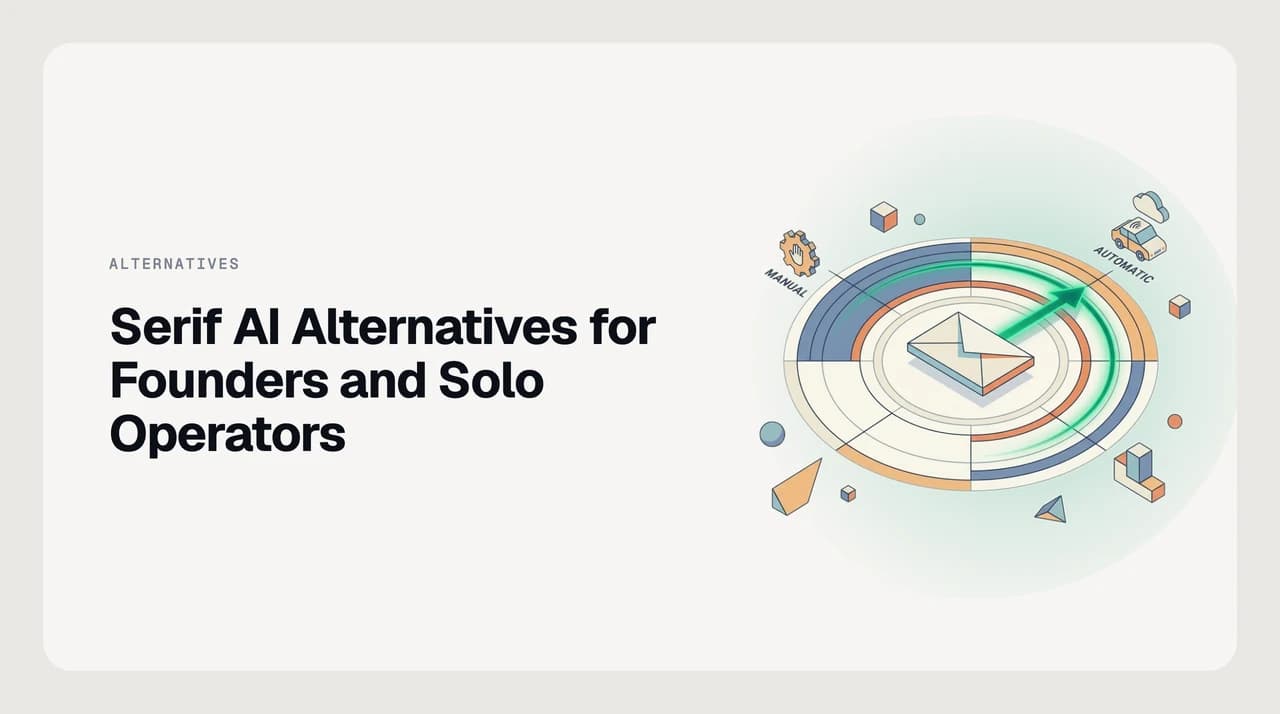 Serif AI alternatives for founders and solo operators — seven ranked email tools stacked around a founder inbox with investor, hiring and customer threads flowing in