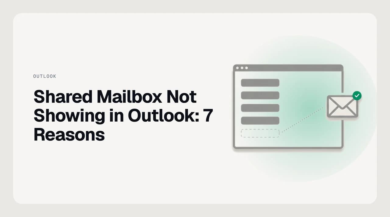 Illustration of a shared mailbox icon disconnected from an Outlook folder pane, representing a shared mailbox not showing in Outlook after access was granted.