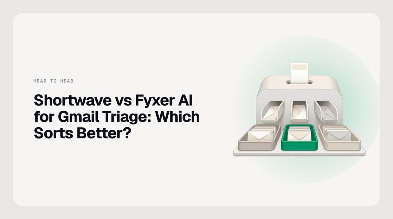 Title card reading Shortwave vs Fyxer AI for Gmail Triage, beside two inbox columns — one showing a replacement client interface, one showing green labels applied to existing Gmail rows