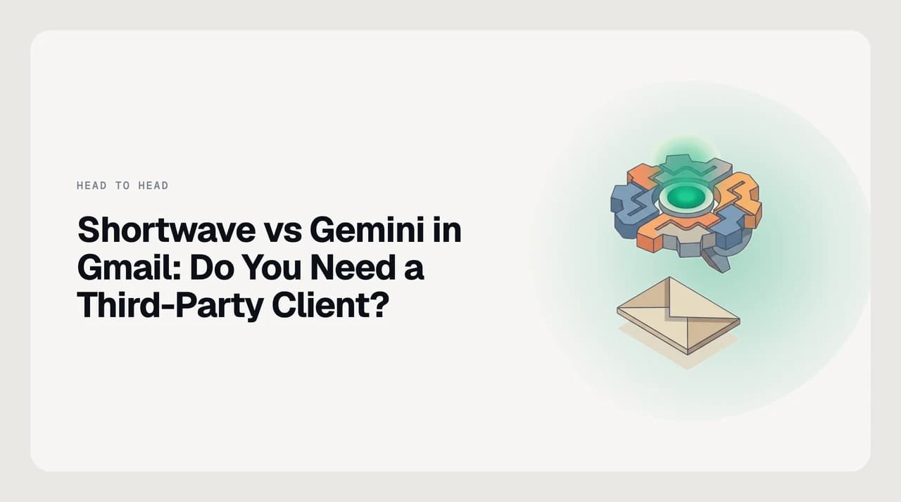 Title card reading Shortwave vs Gemini in Gmail for AI triage, showing a split view of the standard Gmail interface with a Gemini side panel next to Shortwave's split-inbox layout with an AI assistant reasoning across threads