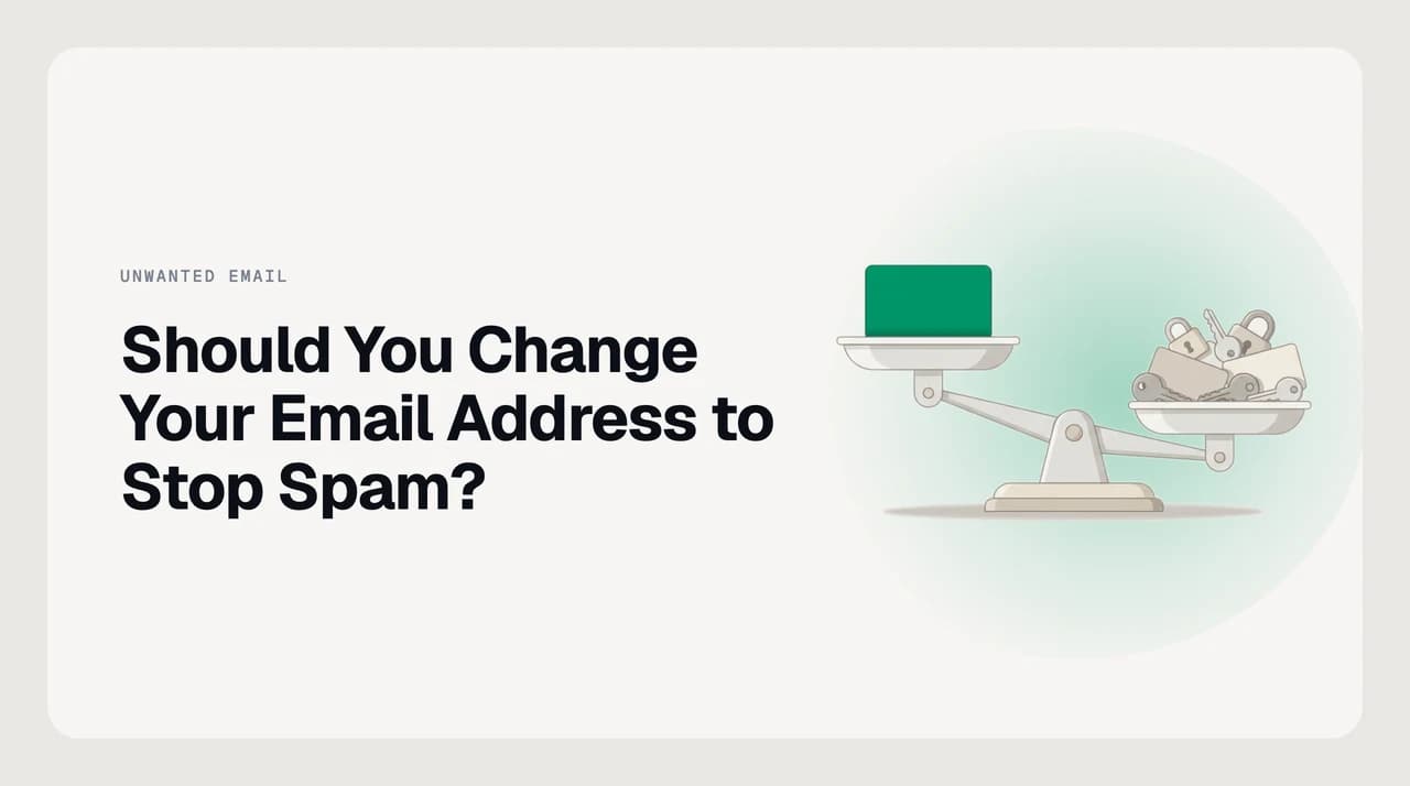 Decision fork asking should I change my email address to stop spam, with aliases, plus-addressing and a dedicated signup address as the alternatives to starting over.