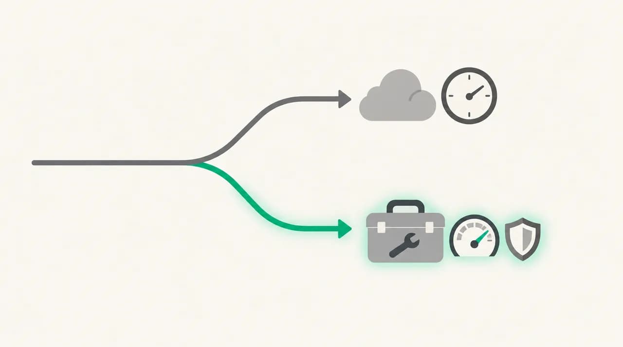 One path splitting in two: the upper branch leads to a cloud and a clock, a provider-side blip to wait out; the green lower branch leads to a toolbox, a speed gauge and a shield, the sender-side fixes for volume, reputation and authentication
