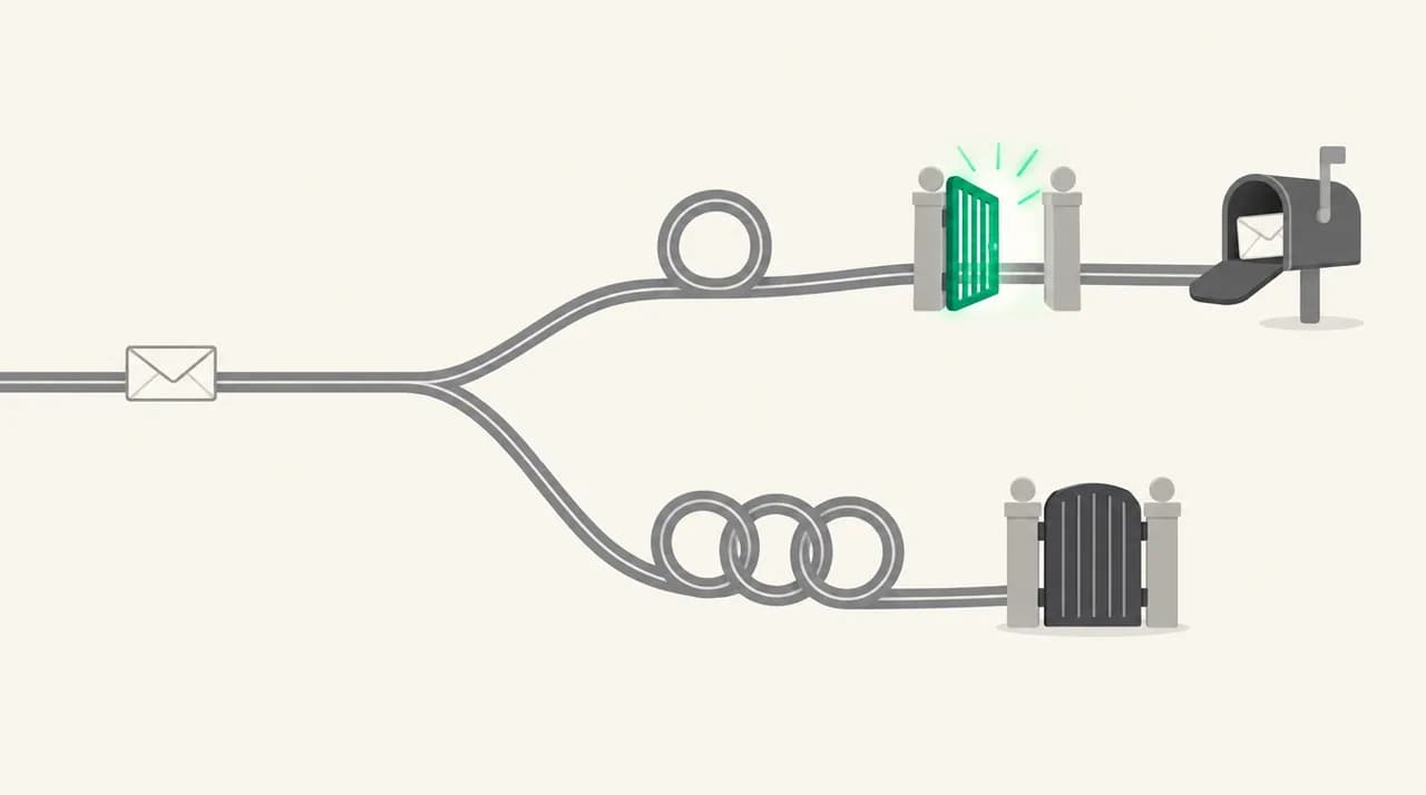 An envelope on a track reaching a fork: the upper branch makes one loop and passes through a green open gate into a mailbox, greylisting clearing on the retry; the lower branch keeps looping in front of a closed gate, a policy block that repeats