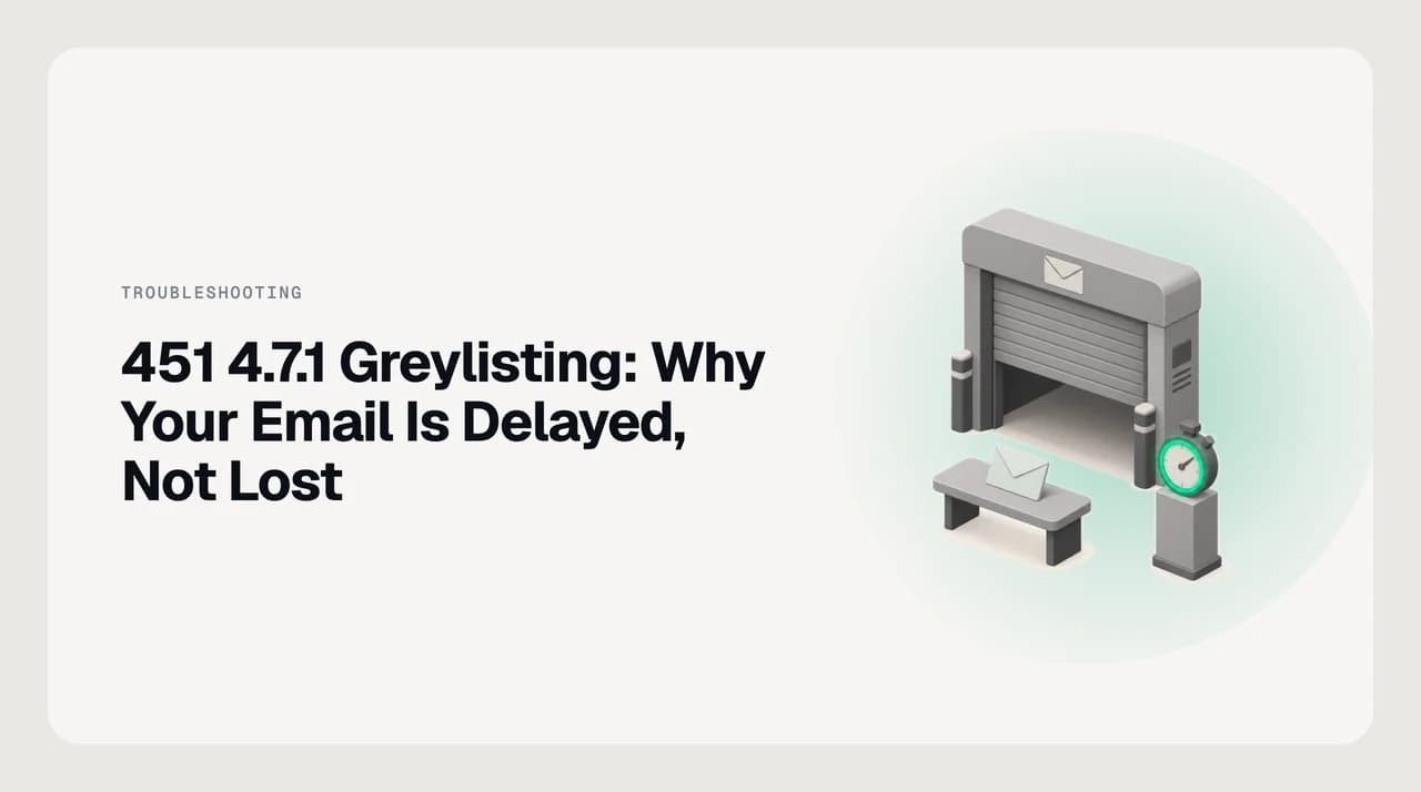 A mail server gate with its shutter half closed, an envelope waiting on a bench in front of it and a stopwatch with a green dial: a greylisting delay, not a rejection