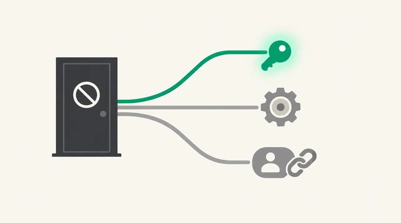 A closed door with a refusal symbol and three routes leading away: the green top route to a key for an app password, the middle route to a settings gear for an account setting, and the bottom route to a sign-in badge with a link for OAuth
