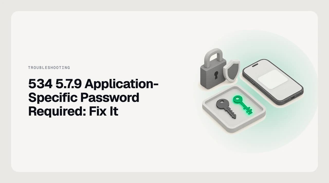 A padlock and two-step shield beside a phone showing a sign-in prompt, and a tray holding a regular key next to a green app-specific key: the normal password no longer works over SMTP