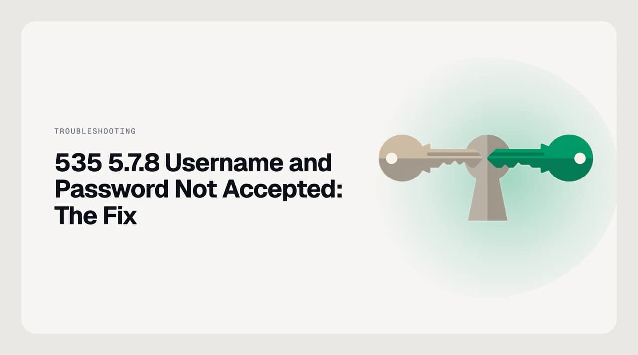 SMTP error 535 5.7.8 username and password not accepted — an authentication rejection at the server boundary with causes and provider-specific fixes for Gmail and Microsoft 365