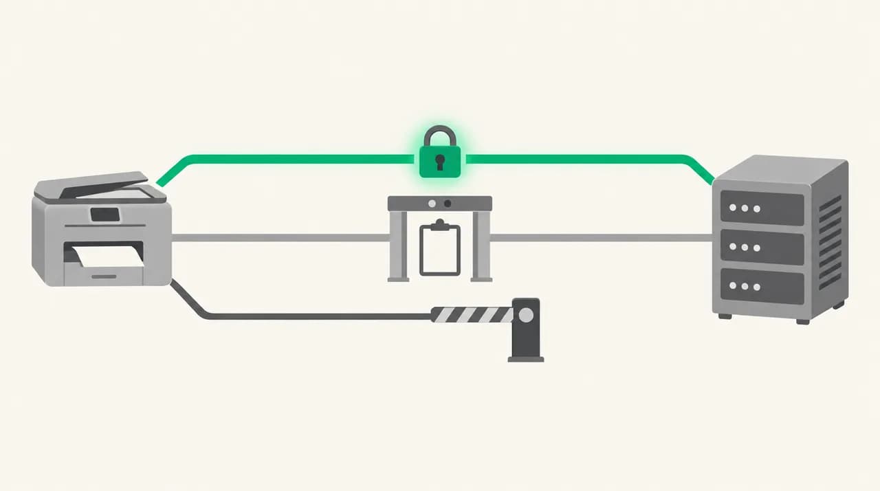 Three routes from an office printer-scanner to a mail server: the top route passes through a green padlock and arrives, the middle route passes a checkpoint with a clipboard, and the bottom route stops at a closed barrier