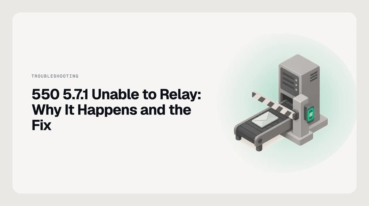 Isometric mail relay station with a barrier arm closed across a conveyor, an envelope halted in front of it and a glowing key-card reader beside the gate: the server will not carry mail onward until the sender proves who it is