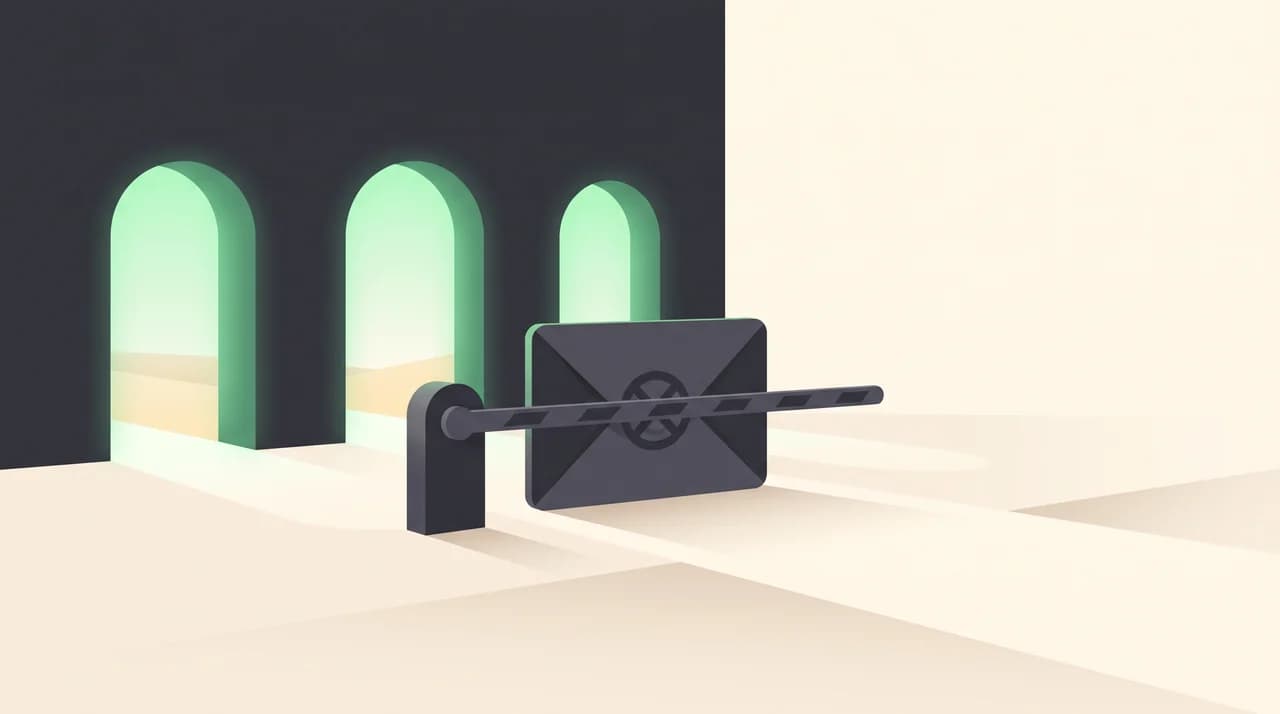 An envelope stopped at a closed barrier with three open doorways behind it, representing mail refused for arriving unauthenticated and the three supported Microsoft 365 submission paths