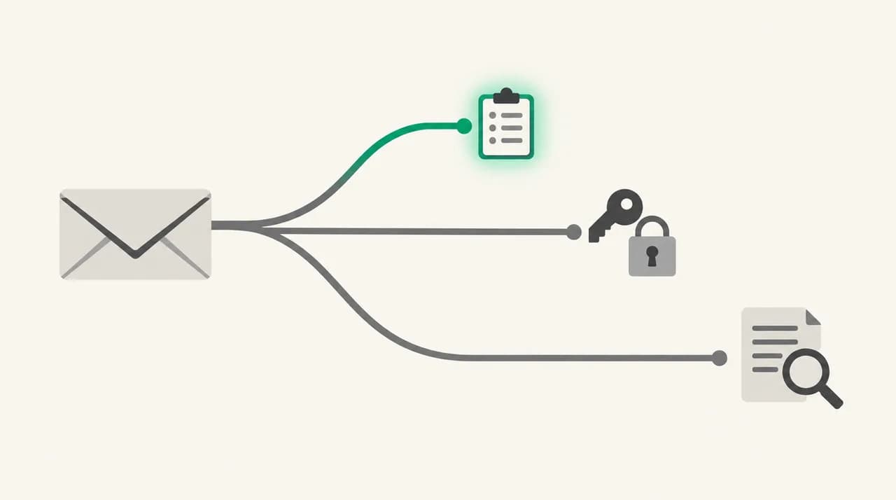 One envelope with three branches of increasing length: the shortest, in green, ends at a list for the blocklist check, the middle ends at a key and padlock for authentication, and the longest ends at a magnifier over a document for content