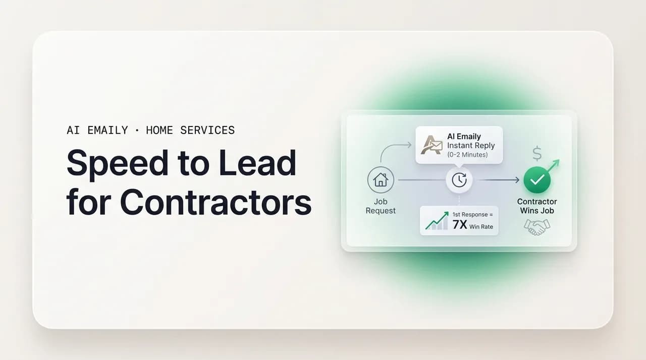 AI Emaily blog cover for speed to lead for contractors, showing the first to reply winning the job