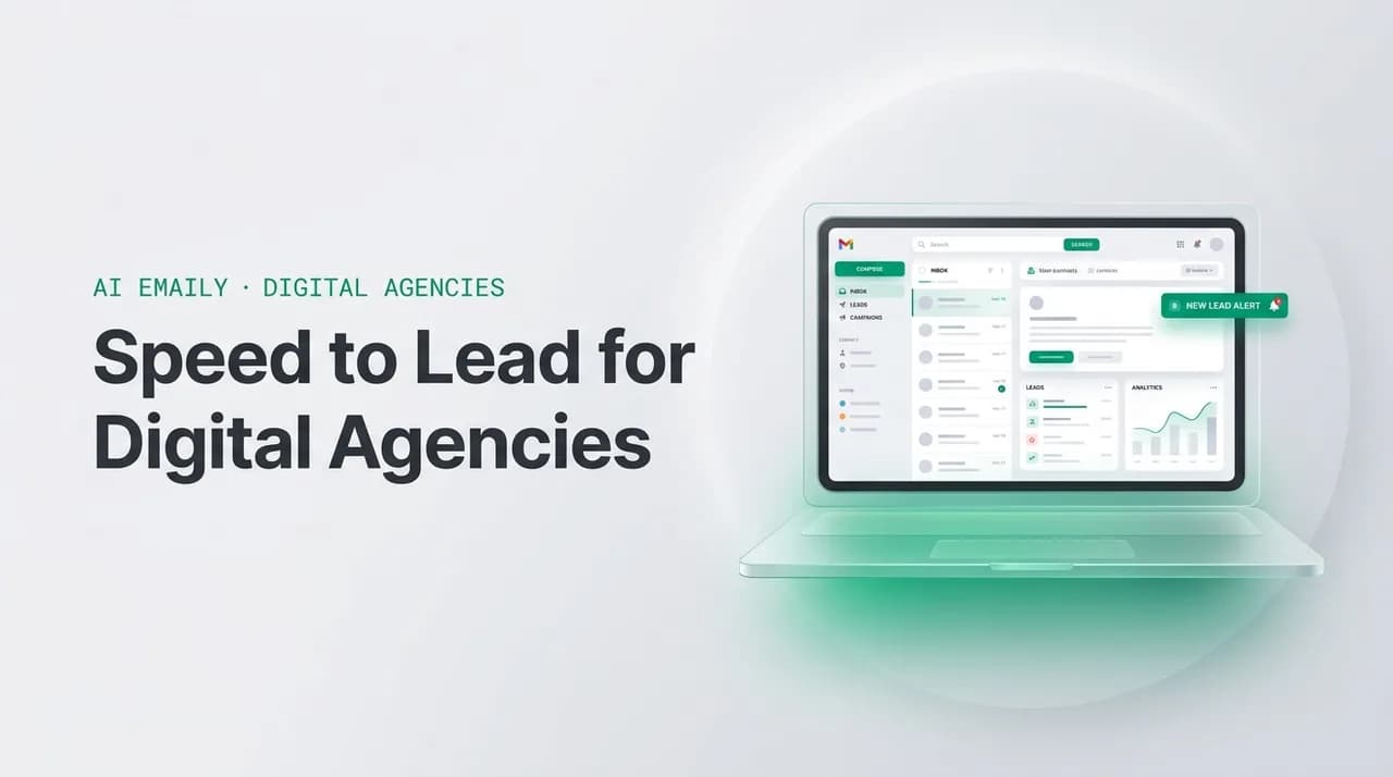 AI Emaily blog cover for speed to lead for digital agencies, showing an AI email client on a laptop with the headline Speed to Lead for Digital Agencies