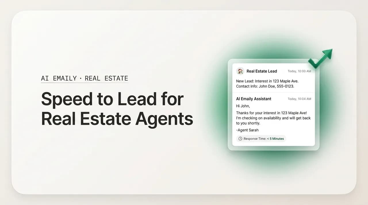AI Emaily blog cover for speed to lead for real estate agents, showing a lead answered within five minutes