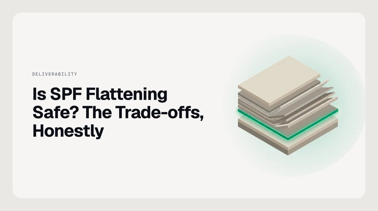 Diagram weighing SPF flattening pros and cons: a stable vendor's include swapped for pinned ip4 addresses versus a dynamic cloud sender left as a live include.
