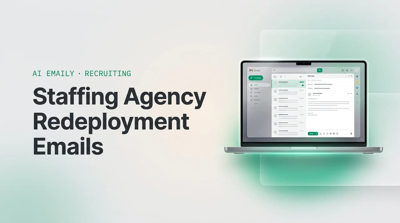 AI Emaily blog cover for staffing redeployment email, showing an AI email client on a laptop with the headline Staffing Agency Redeployment Emails