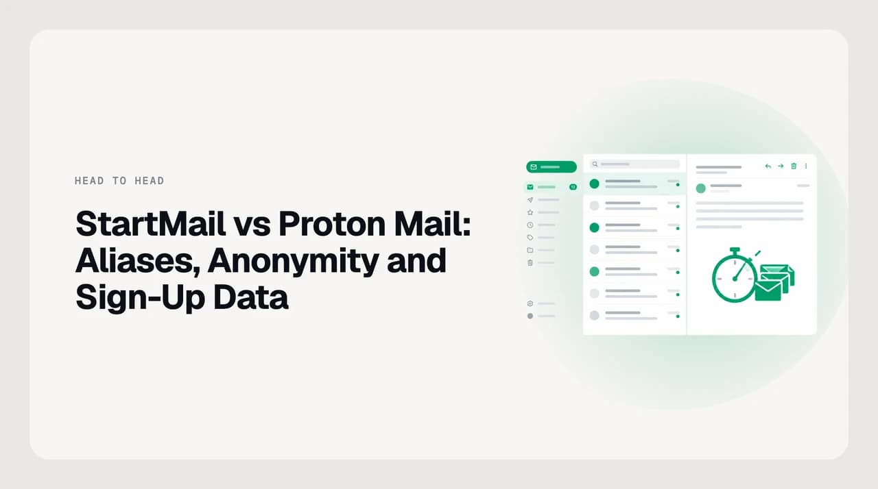 Side-by-side comparison of StartMail and Proton Mail on email aliases and the personal data each requires to open an account