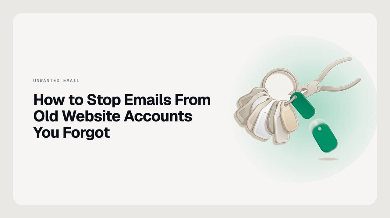Email inbox showing a pile of forgotten welcome emails, receipt confirmations, and signup verifications from old website accounts the user no longer remembers joining
