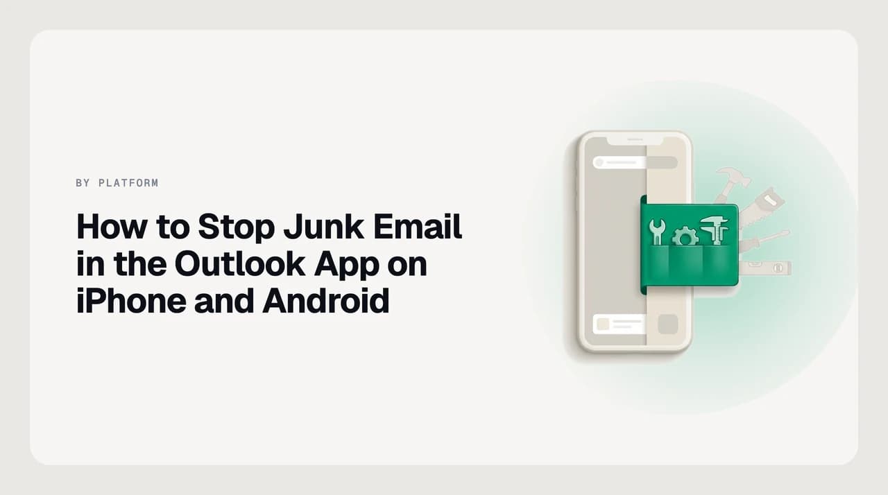 Outlook mobile app on iPhone showing the three-dot menu with Report Junk and Block Sender options highlighted to stop junk email