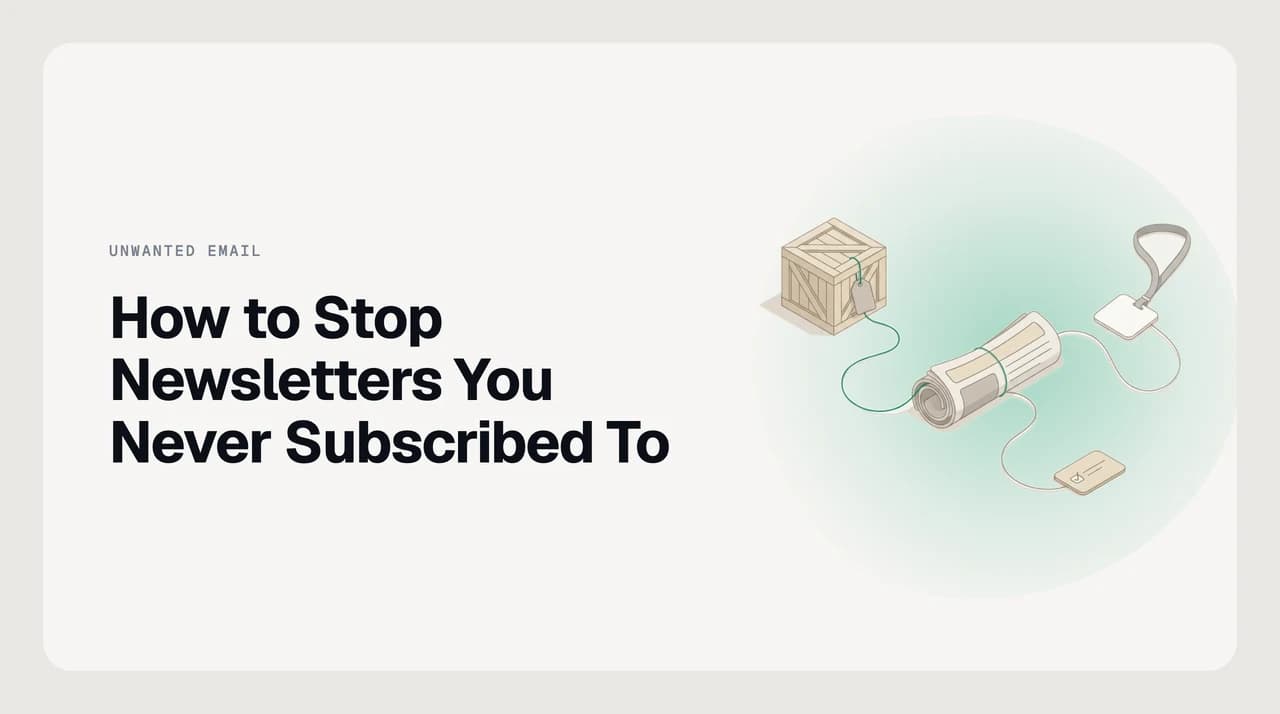 Email inbox showing newsletter messages from unrecognized senders, with unsubscribe and spam report options visible in the message header