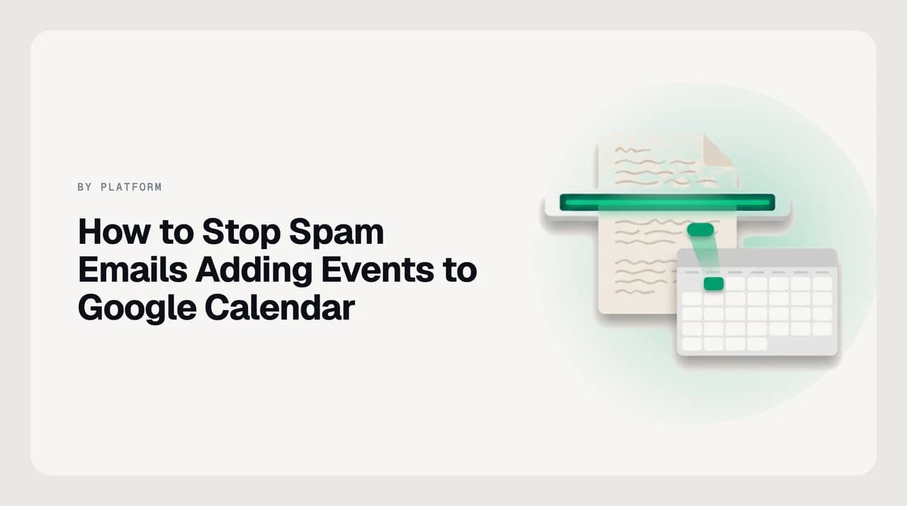Google Calendar cluttered with spam events from unknown senders, illustrating the two settings that stop junk email calendar invites in Gmail
