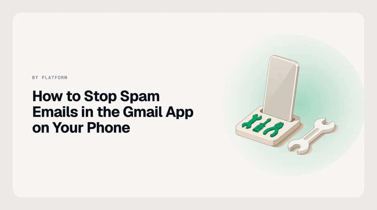 Gmail mobile app on a smartphone showing the three-dot More menu open with options to report spam and block a sender