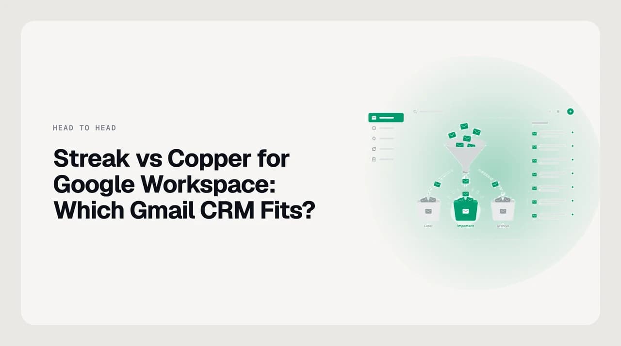 Streak vs Copper for Google Workspace compared: a Gmail-embedded pipeline with custom columns on one side, a standalone CRM database fed automatically by Gmail on the other