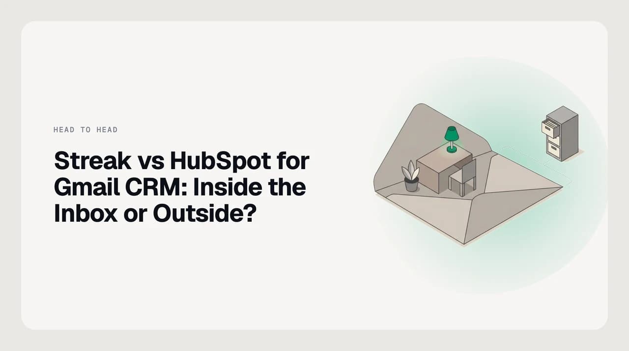 Streak vs HubSpot for Gmail CRM — an in-inbox CRM sidebar next to a standalone CRM dashboard, with a sync arrow between them.