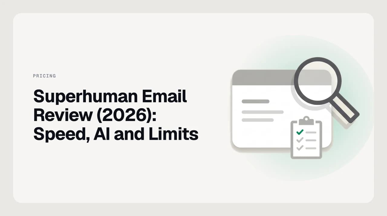 Split-screen illustration comparing a fast command-palette email workflow against a slower folder-based inbox, representing a Superhuman email review