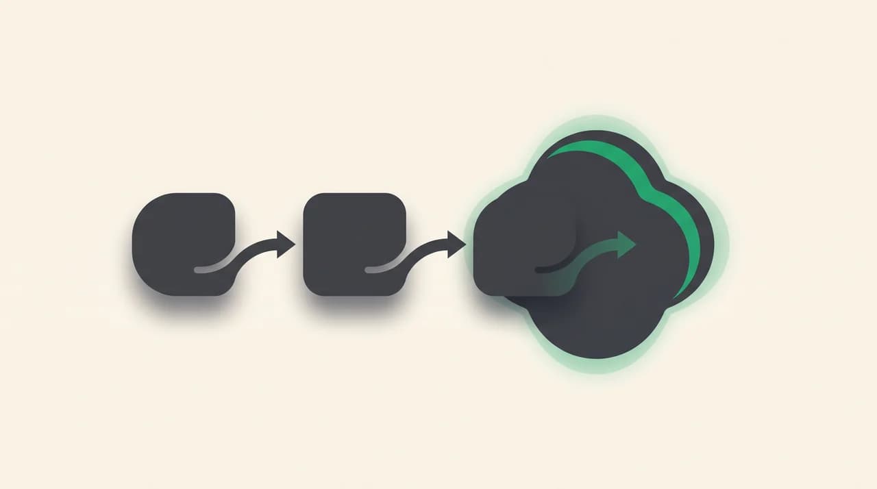 Three containers joined left to right by arrows, the last noticeably larger and absorbing the earlier two — an email client acquired, then the parent company taking its name