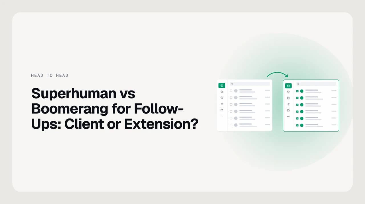 Split illustration comparing Superhuman vs Boomerang for follow-up reminders — a premium email client on one side, a browser extension layered over an existing inbox on the other, both feeding a reminder that returns an unanswered thread