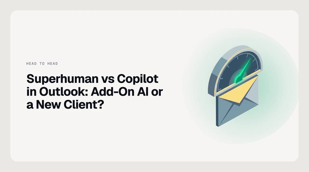 Split title card comparing Superhuman vs Microsoft 365 Copilot in Outlook, with an AI pane docked into an Outlook window on one side and a separate premium email client window on the other