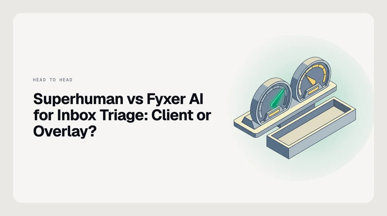 Title card reading Superhuman vs Fyxer AI for Inbox Triage — Client or Overlay, beside two inboxes: one a standalone keyboard-first client, one a Gmail window with Fyxer labels applied to existing rows