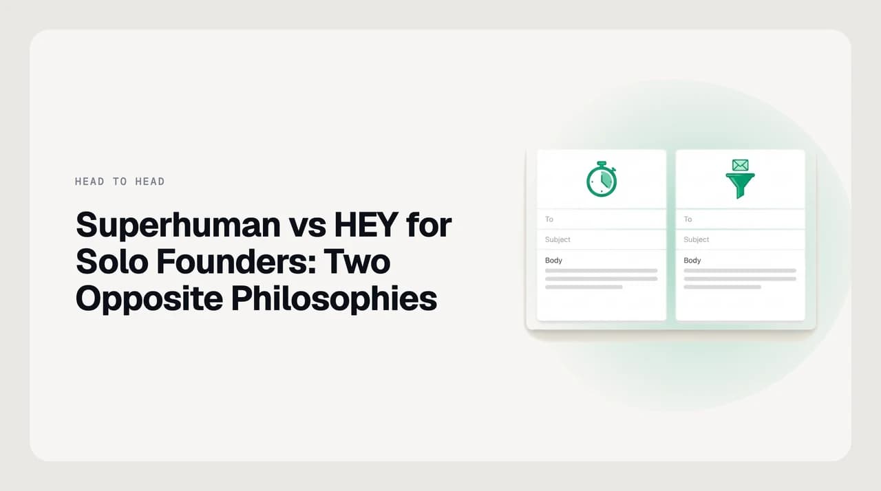 Superhuman vs HEY for solo founders — a speed layer over an existing Gmail account on one side, a new HEY address with a screener on the other