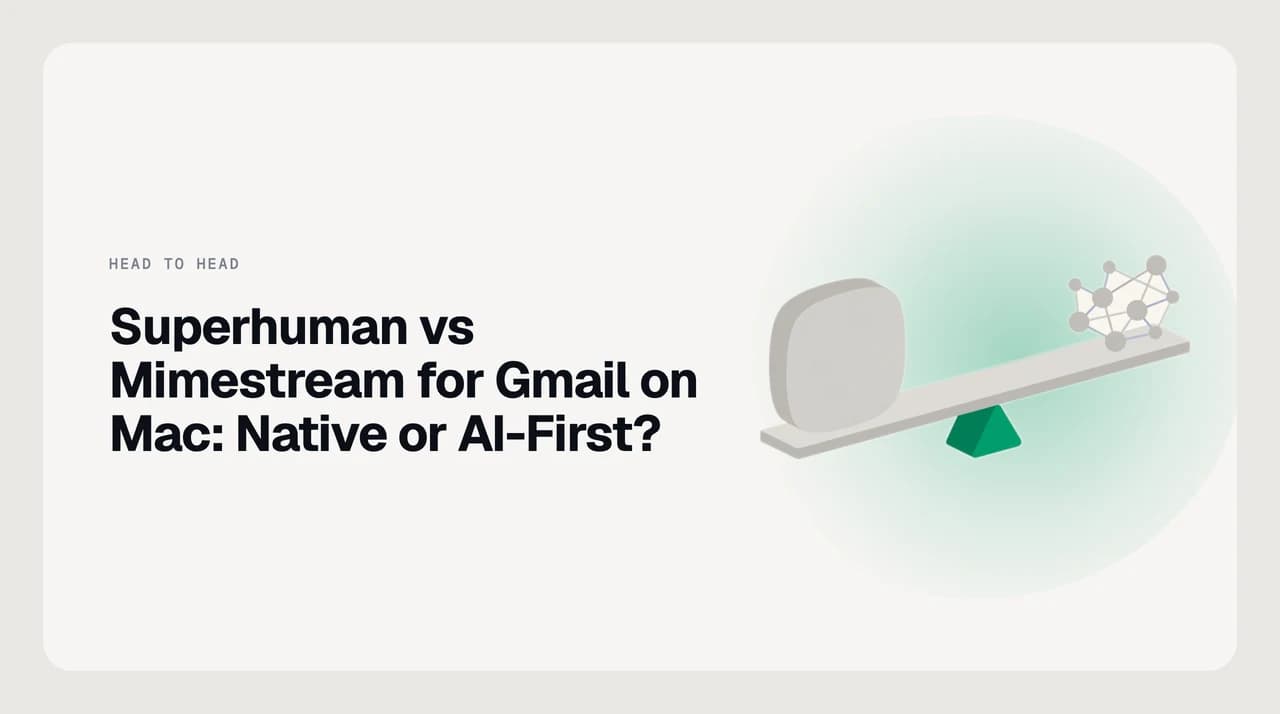 Superhuman vs Mimestream for Gmail on Mac — a head-to-head weighing Mimestream's native macOS Gmail fidelity, offline archive and Keychain credentials against Superhuman's AI drafting, keyboard speed and cross-platform iPhone, Android and Windows reach