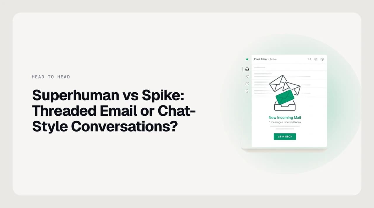 Superhuman vs Spike for conversational email — a threaded message list on one side and a chat-bubble conversation view on the other