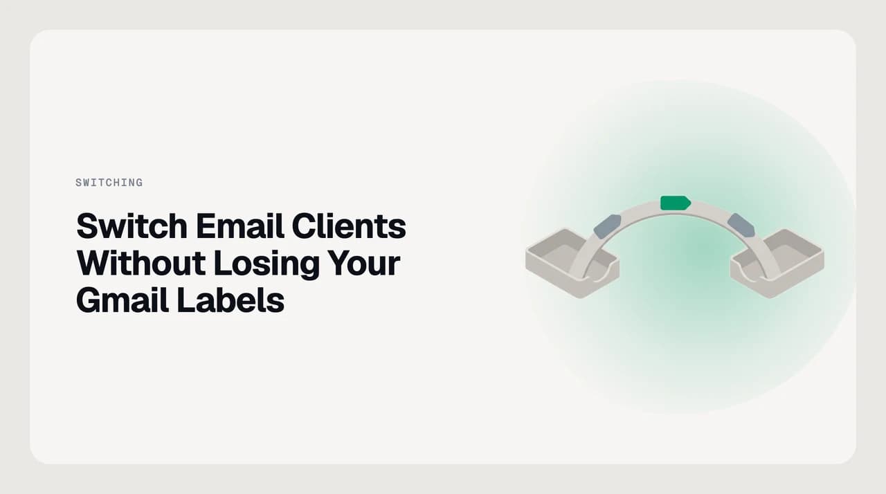 Switch email clients without losing Gmail labels — a Gmail mailbox on Google's servers exposing its label tree as IMAP folders, with a third-party client reading the same labels while colours, deep nesting and Gmail-only filter actions stay behind at Gmail's interface