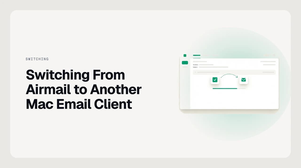 Diagram of email accounts migrating from Airmail to a new Mac and iOS email client while custom rules and actions are rebuilt separately