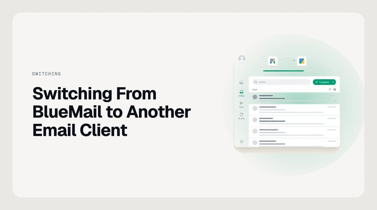 Illustration of email accounts moving from the BlueMail app to another email client, representing how to switch from BlueMail to another email client