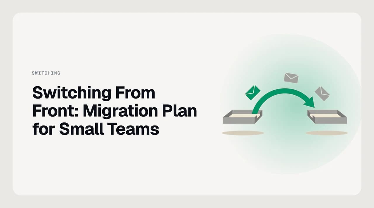 Small-team migration path from Front to another email client, showing exported conversation history, per-seat mailboxes, and new inbox rules.