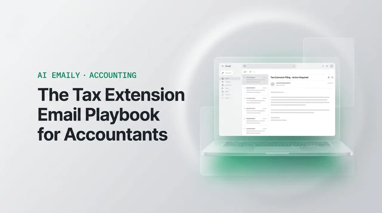 AI Emaily blog cover for tax extension email to clients accountant, showing an AI email client on a laptop with the headline The Tax Extension Email Playbook for Accountants