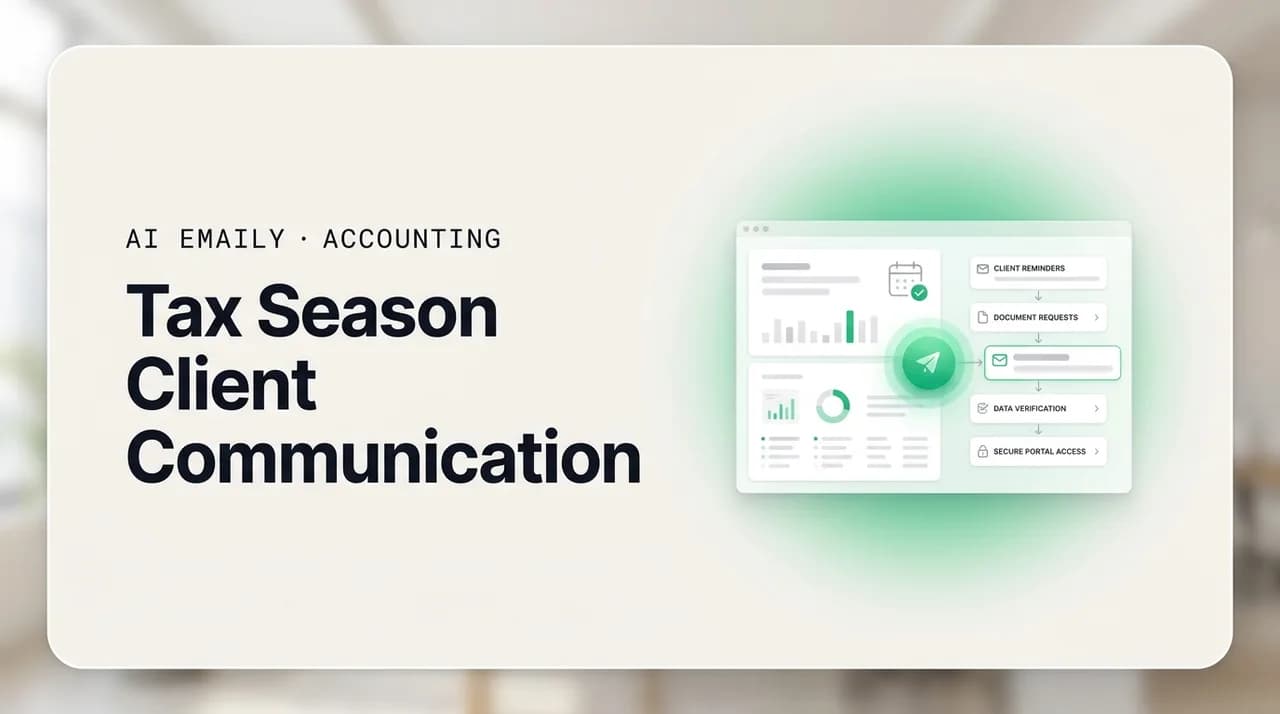 AI Emaily blog cover for tax season client communication, showing automated chasing that stays human