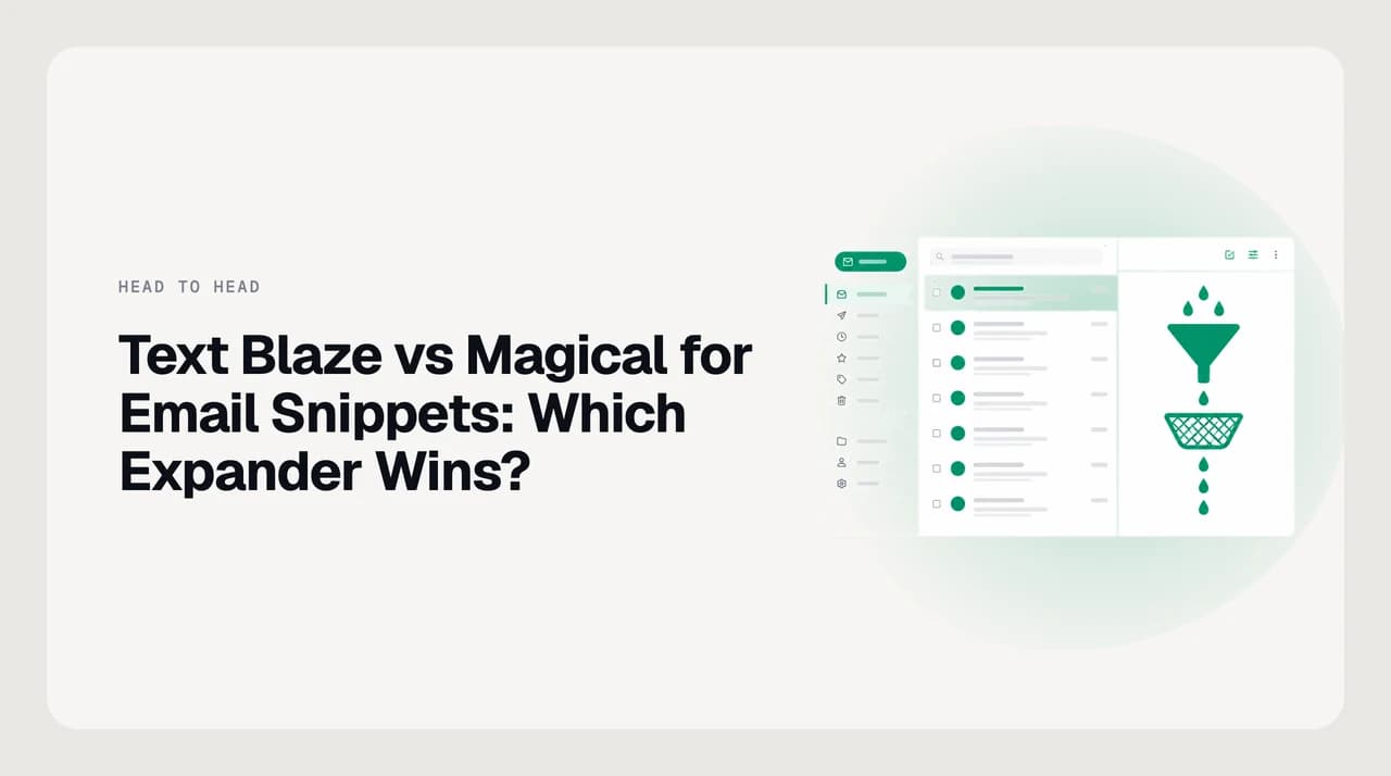 Abstract illustration comparing Text Blaze vs Magical for email snippets — two expander workflows, one built from structured form fields and one pulling labelled data off a web page