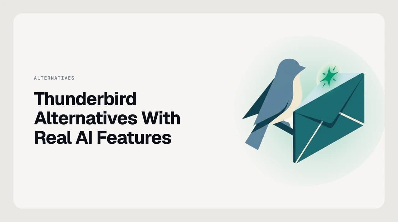 Thunderbird alternatives with AI features shown as a ranked grid of eight email clients, with drafting, triage and summarisation columns compared