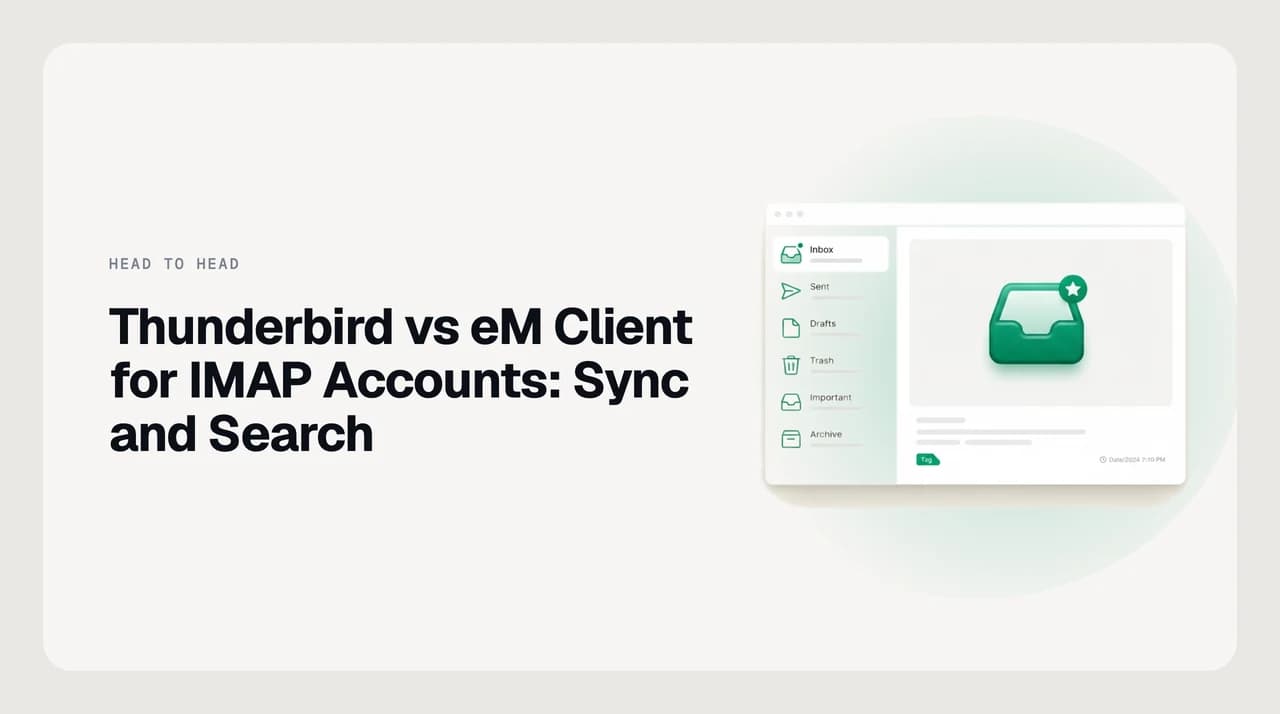 Thunderbird vs eM Client for IMAP accounts — two desktop mail clients shown syncing several IMAP mailboxes, with local caches and a search index between them