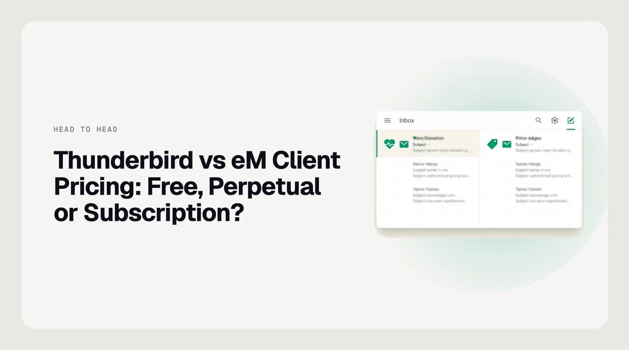 Thunderbird vs eM Client pricing compared — a free open-source desktop email client on one side, a capped free tier with perpetual and subscription licences on the other